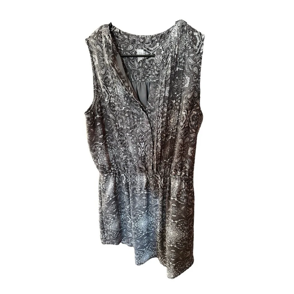 GAP Women's Printed Shirt Dress L Grey Drawstring Waist Pintuck Pleat Sleeveless - Picture 7 of 12